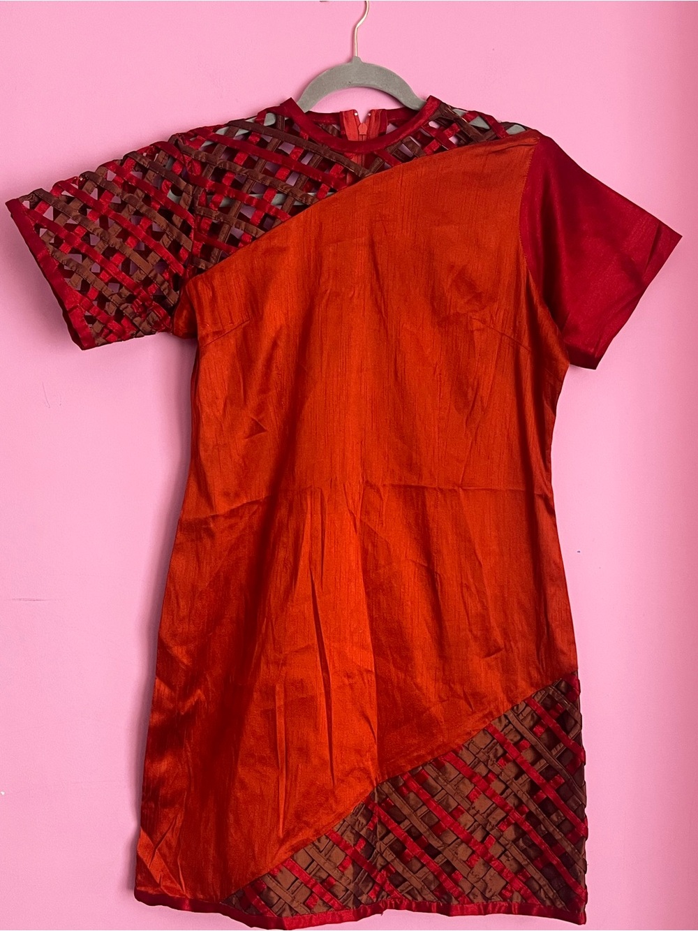 Hollerose Women’s Orange Satin Dress Hand-Woven Basket Lattice Accent UK14/US10.